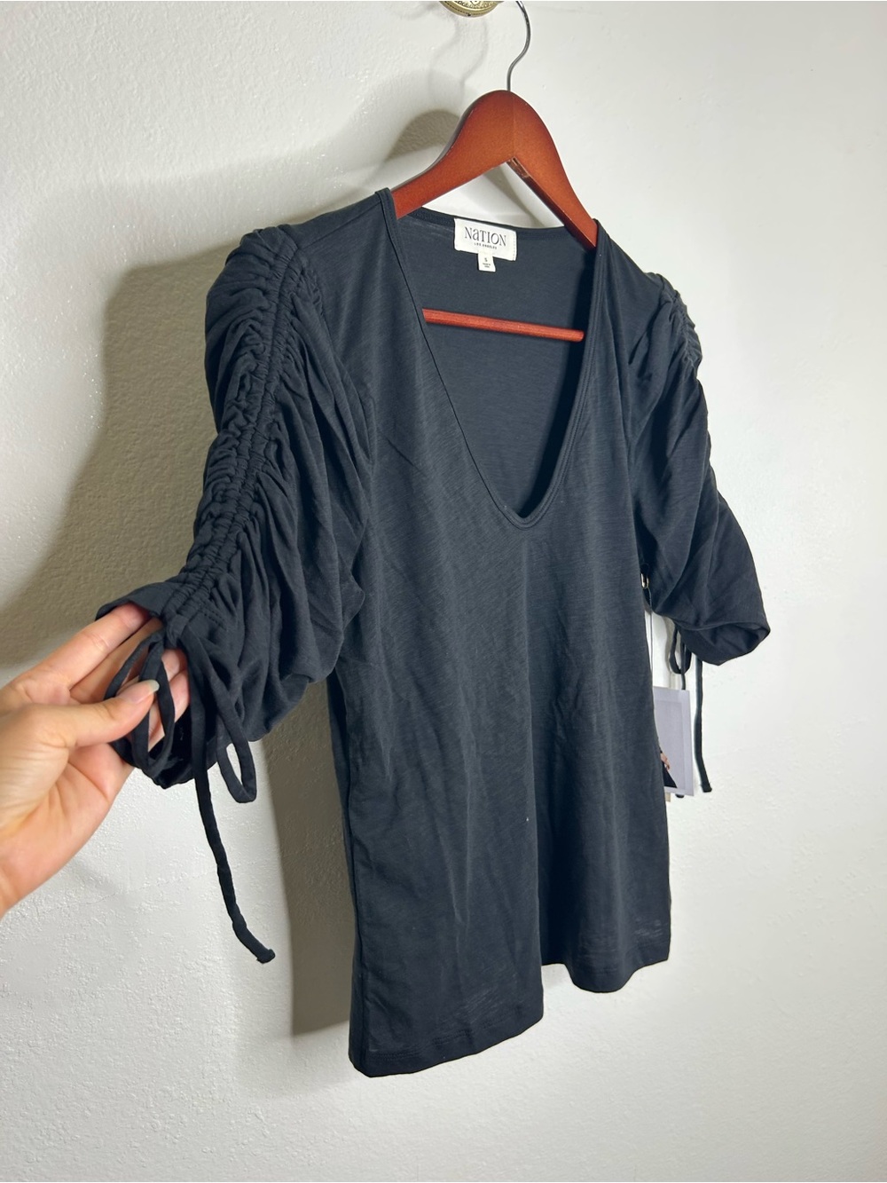 NWT Nation LA 100% Pima Cotton Cinched Sleeve V -  Neck Black Short Sleeve Top
